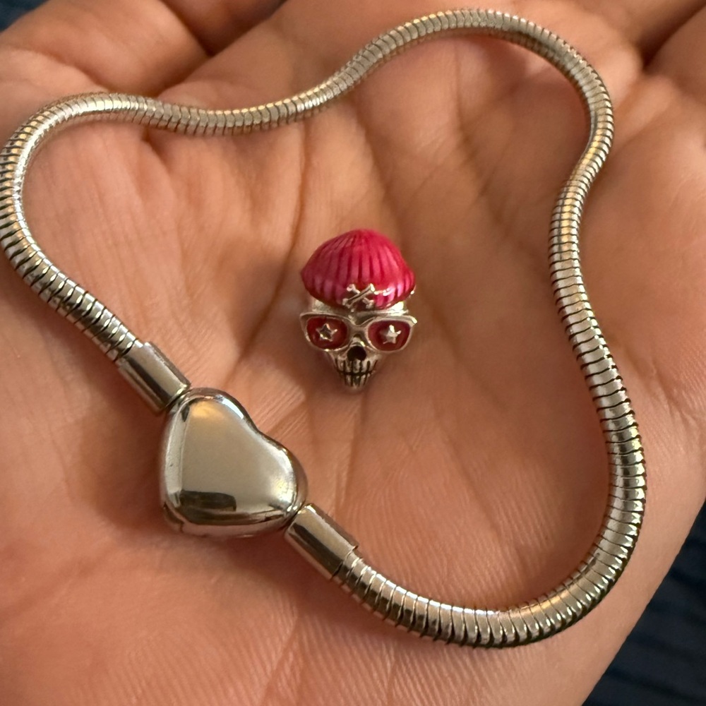 Silver Snake Chain Bracelet with 925 Sterling Silver Skull Charm of your choice